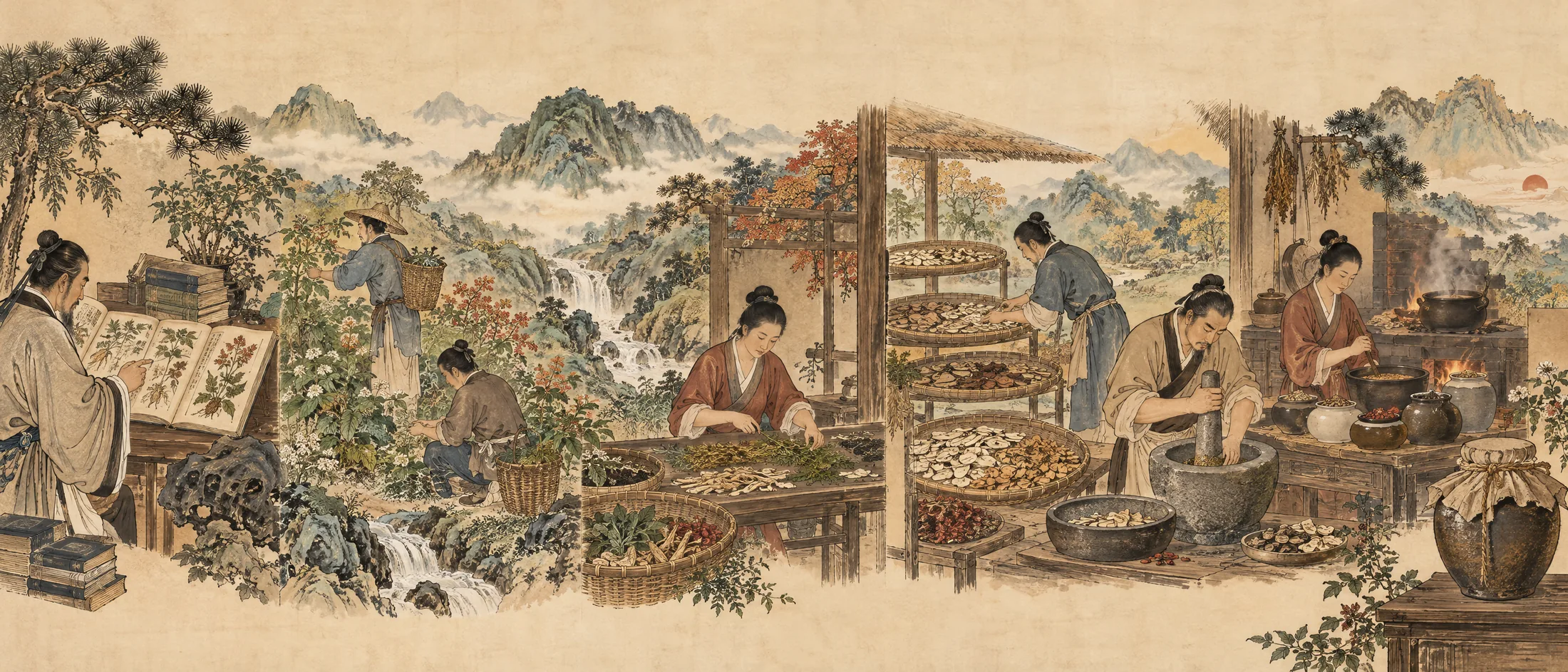 傳統本草文化長卷示意圖,描繪辨識草木、採擷、整理、炮製與成品等場景